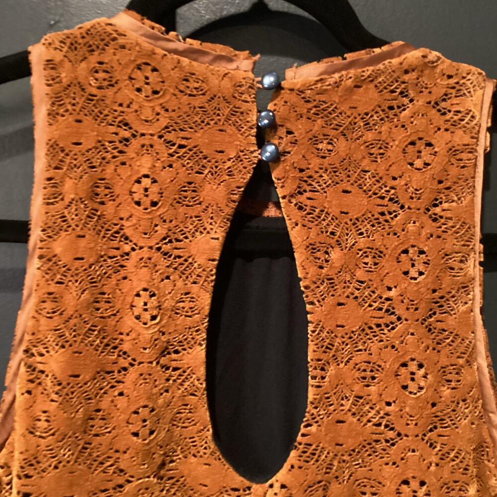 Maeve Amis Anthropologie Copper brown CottonVelvet eyelet Ruffle mini Dress 2 - Picture 4 of 9